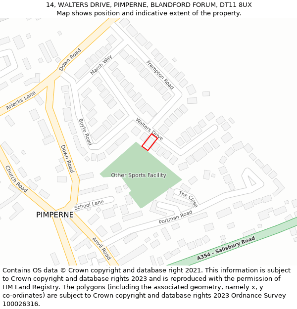 14, WALTERS DRIVE, PIMPERNE, BLANDFORD FORUM, DT11 8UX: Location map and indicative extent of plot