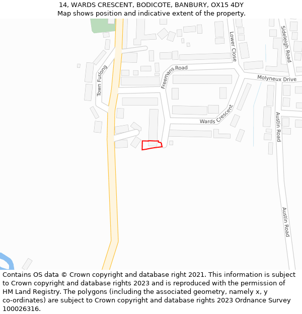 14, WARDS CRESCENT, BODICOTE, BANBURY, OX15 4DY: Location map and indicative extent of plot