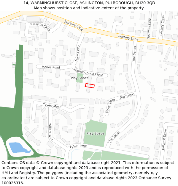 14, WARMINGHURST CLOSE, ASHINGTON, PULBOROUGH, RH20 3QD: Location map and indicative extent of plot