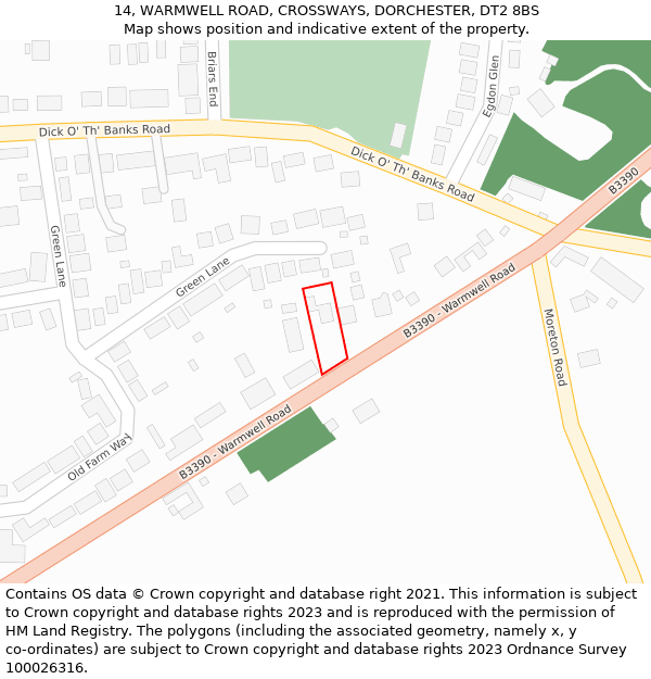 14, WARMWELL ROAD, CROSSWAYS, DORCHESTER, DT2 8BS: Location map and indicative extent of plot