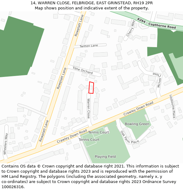 14, WARREN CLOSE, FELBRIDGE, EAST GRINSTEAD, RH19 2PR: Location map and indicative extent of plot