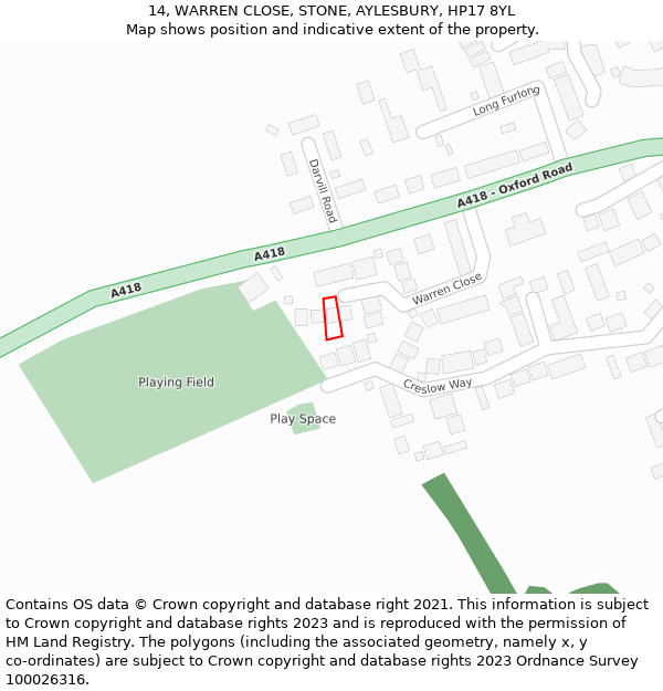 14, WARREN CLOSE, STONE, AYLESBURY, HP17 8YL: Location map and indicative extent of plot