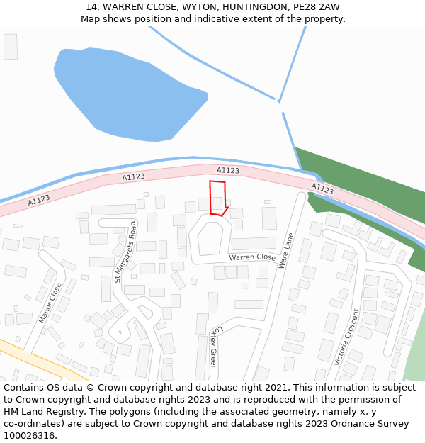 14, WARREN CLOSE, WYTON, HUNTINGDON, PE28 2AW: Location map and indicative extent of plot