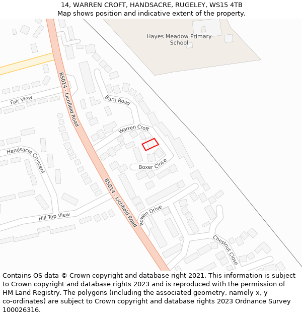 14, WARREN CROFT, HANDSACRE, RUGELEY, WS15 4TB: Location map and indicative extent of plot