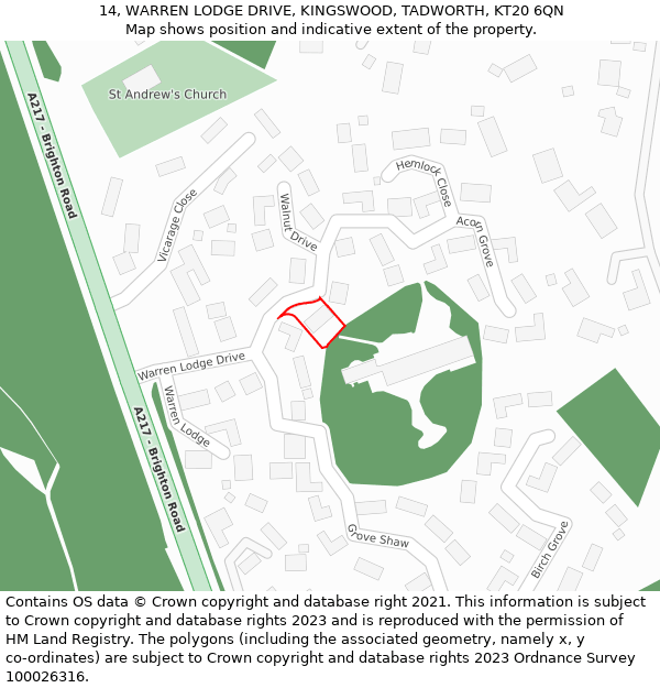 14, WARREN LODGE DRIVE, KINGSWOOD, TADWORTH, KT20 6QN: Location map and indicative extent of plot