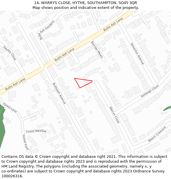 14, WARRYS CLOSE, HYTHE, SOUTHAMPTON, SO45 3QR: Location map and indicative extent of plot