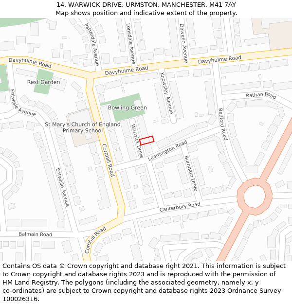 14, WARWICK DRIVE, URMSTON, MANCHESTER, M41 7AY: Location map and indicative extent of plot