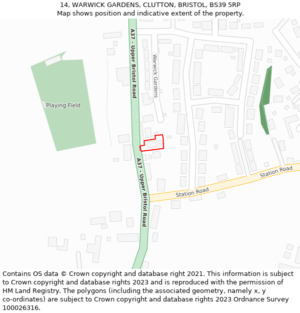 14, WARWICK GARDENS, CLUTTON, BRISTOL, BS39 5RP: Location map and indicative extent of plot