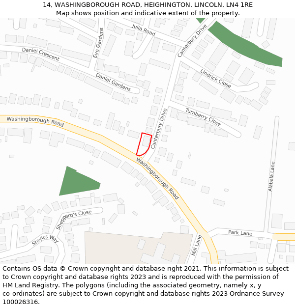 14, WASHINGBOROUGH ROAD, HEIGHINGTON, LINCOLN, LN4 1RE: Location map and indicative extent of plot
