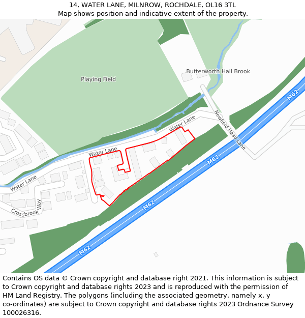 14, WATER LANE, MILNROW, ROCHDALE, OL16 3TL: Location map and indicative extent of plot