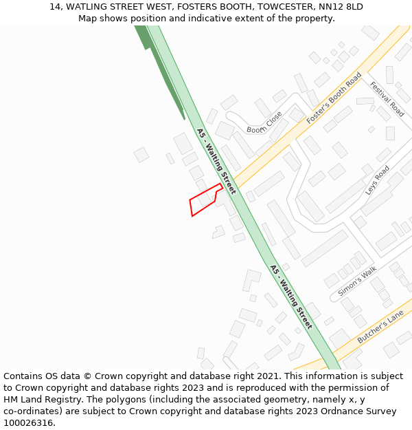 14, WATLING STREET WEST, FOSTERS BOOTH, TOWCESTER, NN12 8LD: Location map and indicative extent of plot