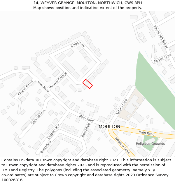 14, WEAVER GRANGE, MOULTON, NORTHWICH, CW9 8PH: Location map and indicative extent of plot