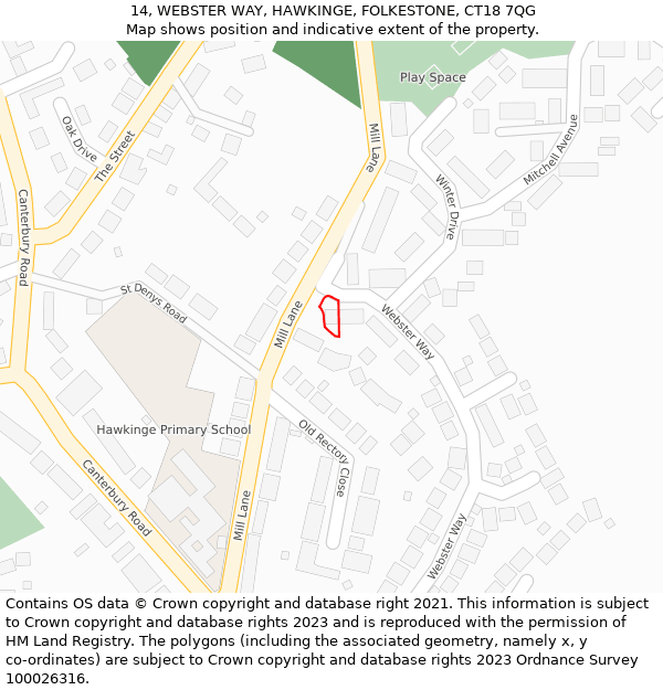 14, WEBSTER WAY, HAWKINGE, FOLKESTONE, CT18 7QG: Location map and indicative extent of plot