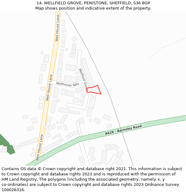 14, WELLFIELD GROVE, PENISTONE, SHEFFIELD, S36 8GP: Location map and indicative extent of plot