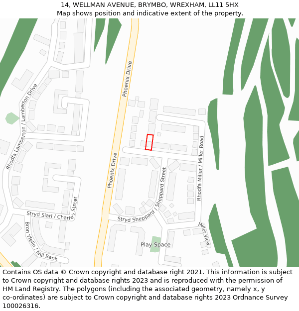 14, WELLMAN AVENUE, BRYMBO, WREXHAM, LL11 5HX: Location map and indicative extent of plot