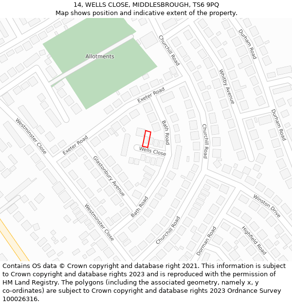 14, WELLS CLOSE, MIDDLESBROUGH, TS6 9PQ: Location map and indicative extent of plot