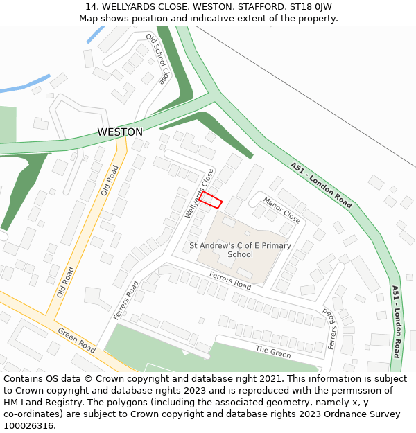 14, WELLYARDS CLOSE, WESTON, STAFFORD, ST18 0JW: Location map and indicative extent of plot