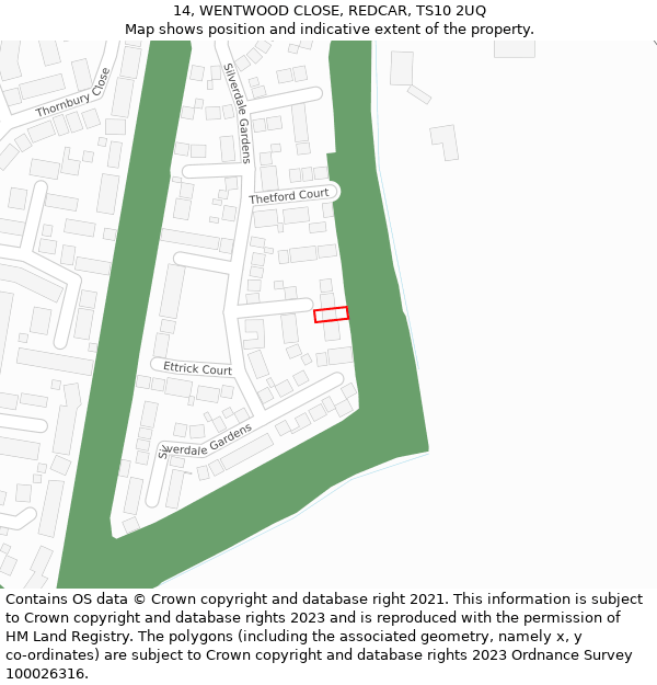 14, WENTWOOD CLOSE, REDCAR, TS10 2UQ: Location map and indicative extent of plot