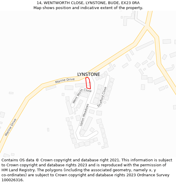 14, WENTWORTH CLOSE, LYNSTONE, BUDE, EX23 0RA: Location map and indicative extent of plot