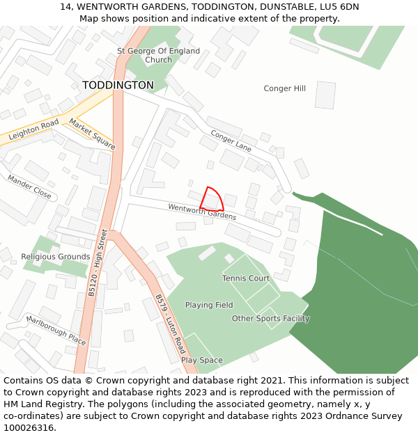 14, WENTWORTH GARDENS, TODDINGTON, DUNSTABLE, LU5 6DN: Location map and indicative extent of plot