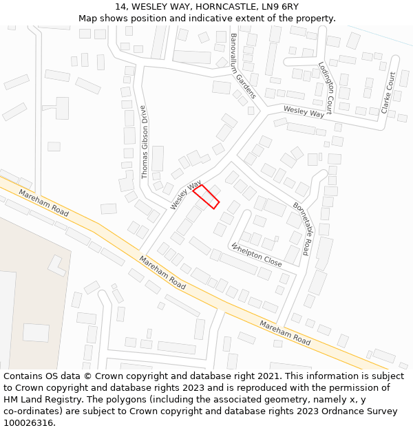 14, WESLEY WAY, HORNCASTLE, LN9 6RY: Location map and indicative extent of plot