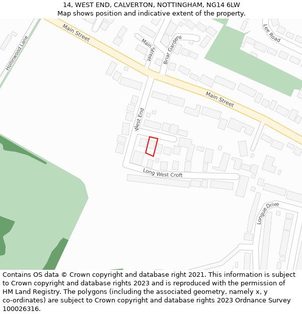 14, WEST END, CALVERTON, NOTTINGHAM, NG14 6LW: Location map and indicative extent of plot