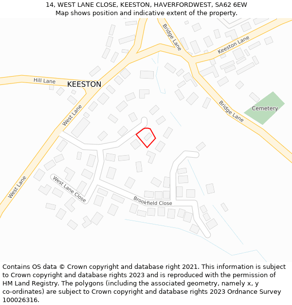 14, WEST LANE CLOSE, KEESTON, HAVERFORDWEST, SA62 6EW: Location map and indicative extent of plot