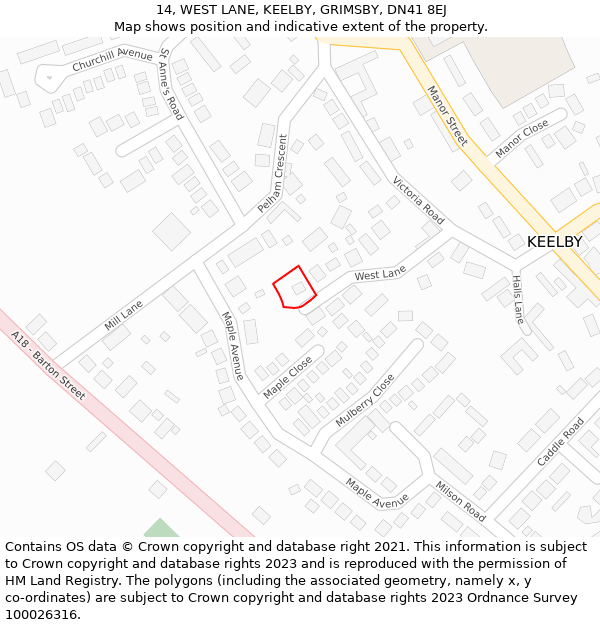 14, WEST LANE, KEELBY, GRIMSBY, DN41 8EJ: Location map and indicative extent of plot