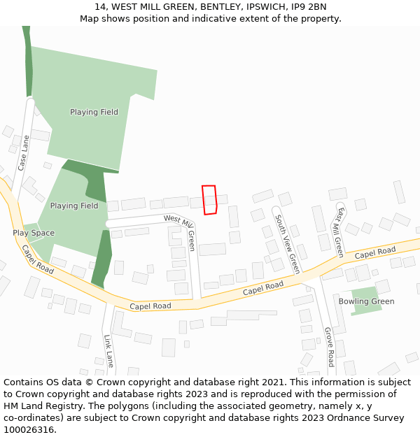 14, WEST MILL GREEN, BENTLEY, IPSWICH, IP9 2BN: Location map and indicative extent of plot