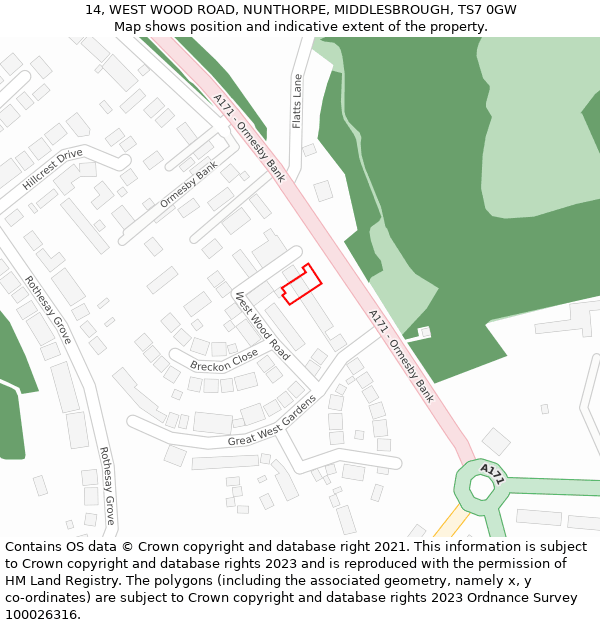 14, WEST WOOD ROAD, NUNTHORPE, MIDDLESBROUGH, TS7 0GW: Location map and indicative extent of plot
