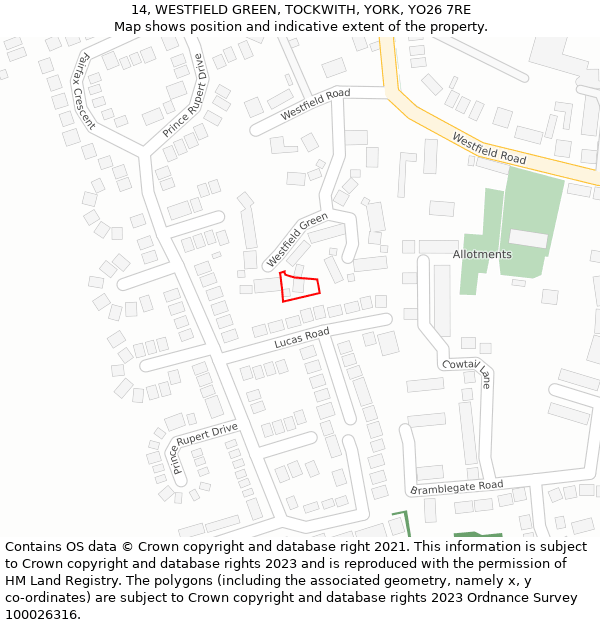 14, WESTFIELD GREEN, TOCKWITH, YORK, YO26 7RE: Location map and indicative extent of plot