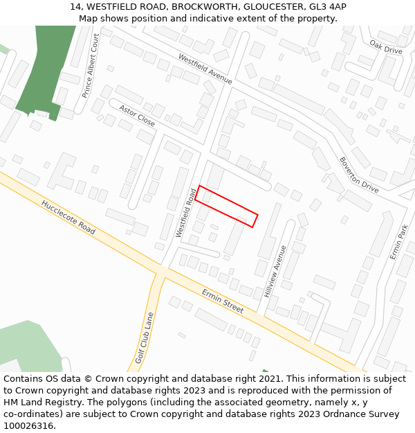 14, WESTFIELD ROAD, BROCKWORTH, GLOUCESTER, GL3 4AP: Location map and indicative extent of plot