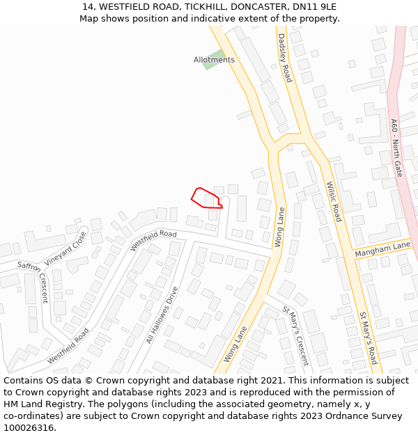 14, WESTFIELD ROAD, TICKHILL, DONCASTER, DN11 9LE: Location map and indicative extent of plot