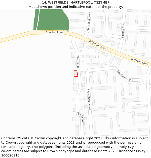 14, WESTFIELDS, HARTLEPOOL, TS25 4BF: Location map and indicative extent of plot