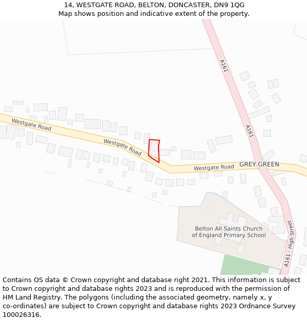 14, WESTGATE ROAD, BELTON, DONCASTER, DN9 1QG: Location map and indicative extent of plot