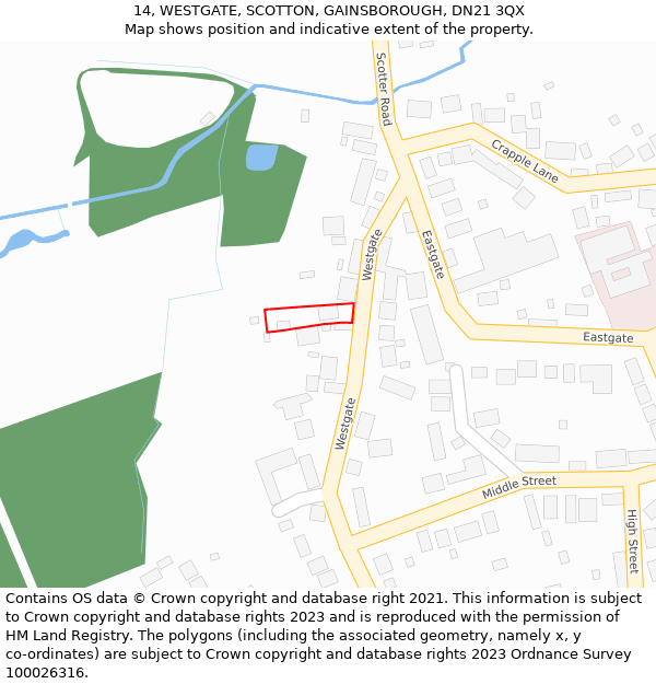 14, WESTGATE, SCOTTON, GAINSBOROUGH, DN21 3QX: Location map and indicative extent of plot