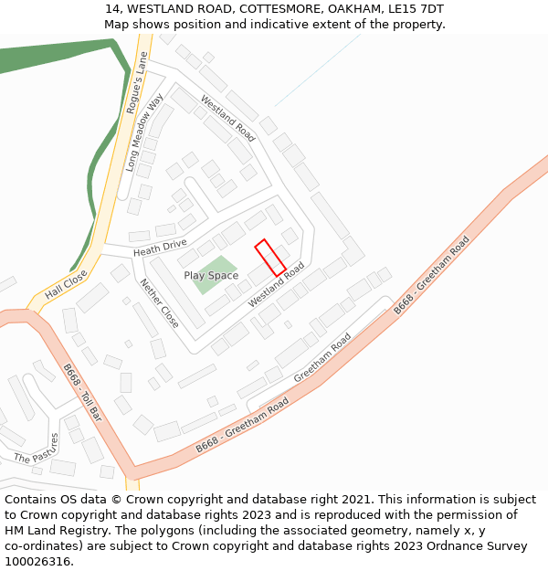 14, WESTLAND ROAD, COTTESMORE, OAKHAM, LE15 7DT: Location map and indicative extent of plot