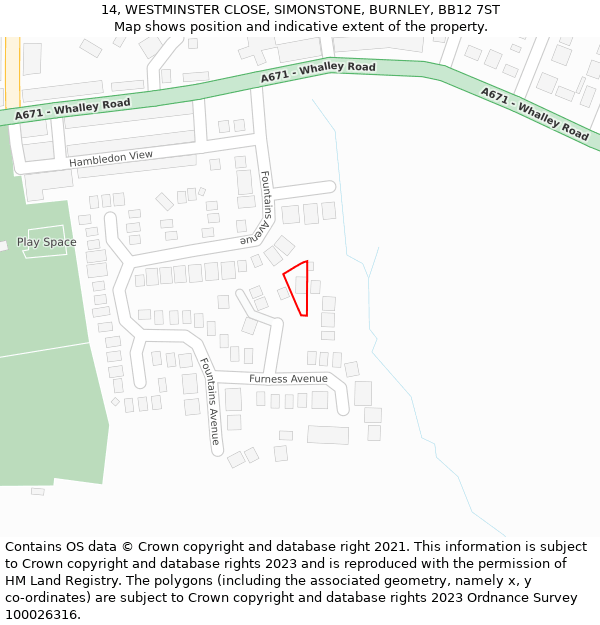 14, WESTMINSTER CLOSE, SIMONSTONE, BURNLEY, BB12 7ST: Location map and indicative extent of plot