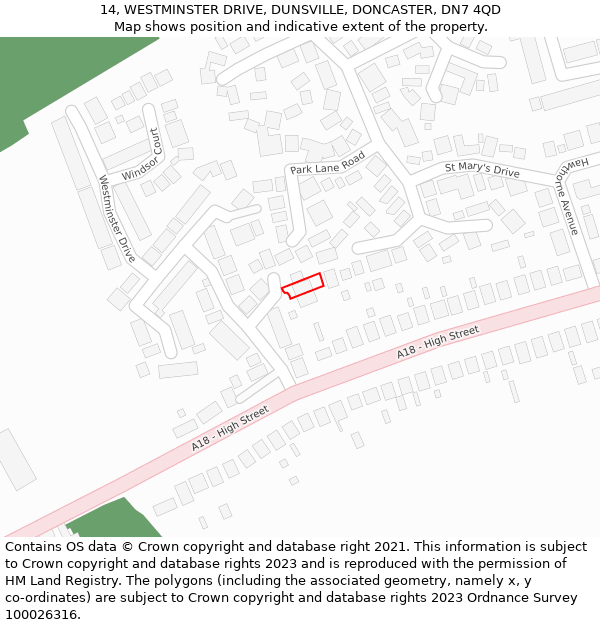 14, WESTMINSTER DRIVE, DUNSVILLE, DONCASTER, DN7 4QD: Location map and indicative extent of plot