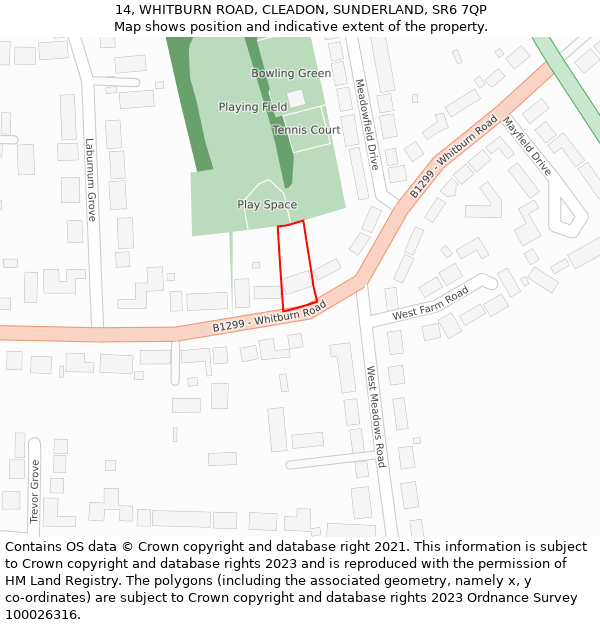 14, WHITBURN ROAD, CLEADON, SUNDERLAND, SR6 7QP: Location map and indicative extent of plot