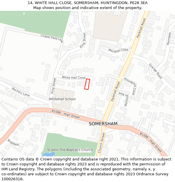 14, WHITE HALL CLOSE, SOMERSHAM, HUNTINGDON, PE28 3EA: Location map and indicative extent of plot