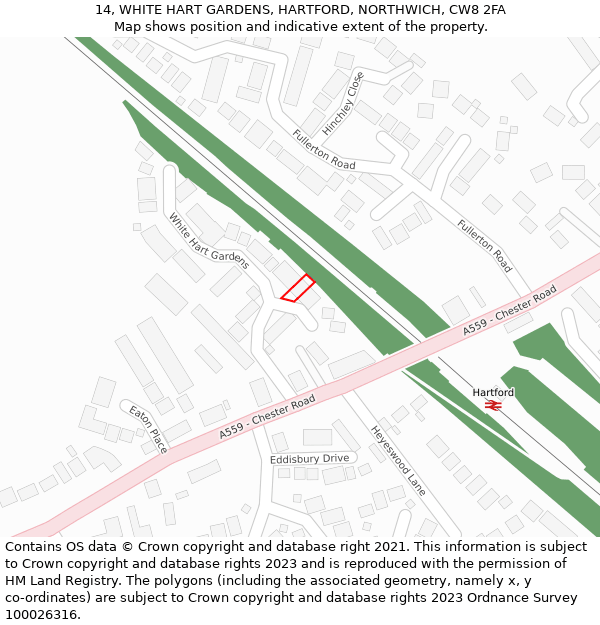 14, WHITE HART GARDENS, HARTFORD, NORTHWICH, CW8 2FA: Location map and indicative extent of plot