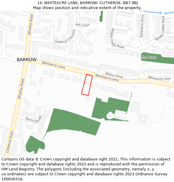 14, WHITEACRE LANE, BARROW, CLITHEROE, BB7 9BJ: Location map and indicative extent of plot