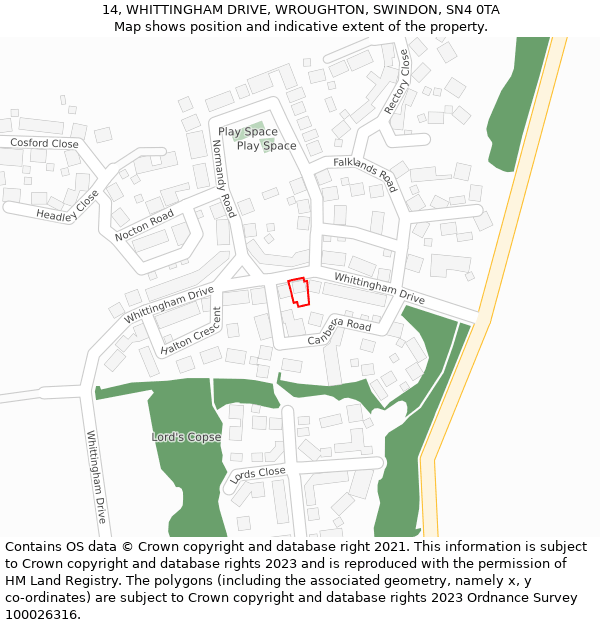 14, WHITTINGHAM DRIVE, WROUGHTON, SWINDON, SN4 0TA: Location map and indicative extent of plot