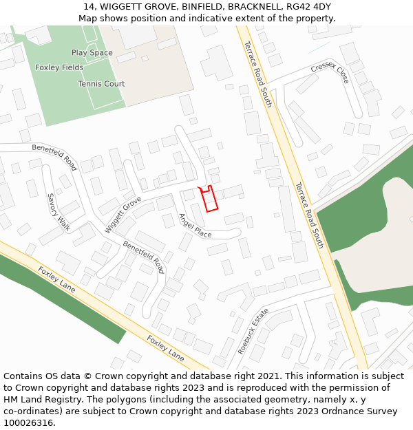 14, WIGGETT GROVE, BINFIELD, BRACKNELL, RG42 4DY: Location map and indicative extent of plot