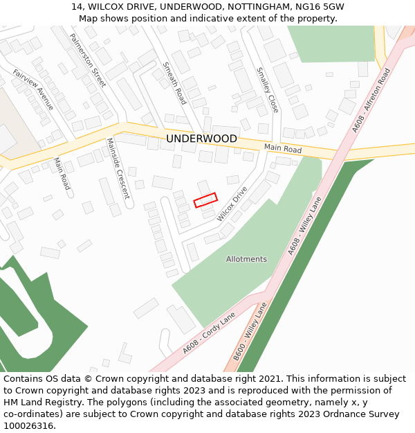 14, WILCOX DRIVE, UNDERWOOD, NOTTINGHAM, NG16 5GW: Location map and indicative extent of plot