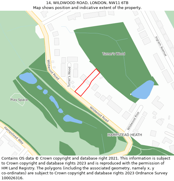 14, WILDWOOD ROAD, LONDON, NW11 6TB: Location map and indicative extent of plot