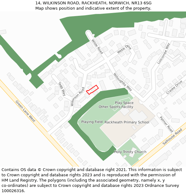 14, WILKINSON ROAD, RACKHEATH, NORWICH, NR13 6SG: Location map and indicative extent of plot