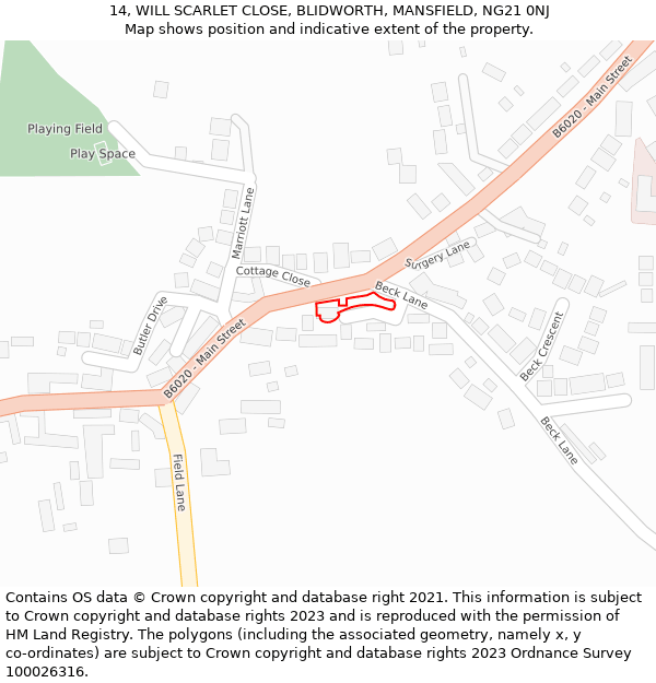 14, WILL SCARLET CLOSE, BLIDWORTH, MANSFIELD, NG21 0NJ: Location map and indicative extent of plot