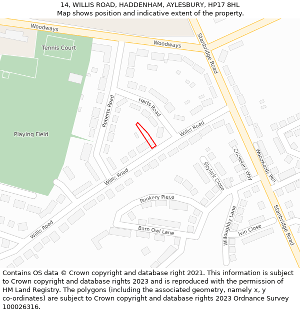 14, WILLIS ROAD, HADDENHAM, AYLESBURY, HP17 8HL: Location map and indicative extent of plot